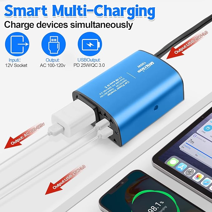 150W Car Power Inverter DC 12V to 110V AC Car Plug Outlet Adapter with PD 25W USB C & QC3.0 Car Laptop Charger-Blue