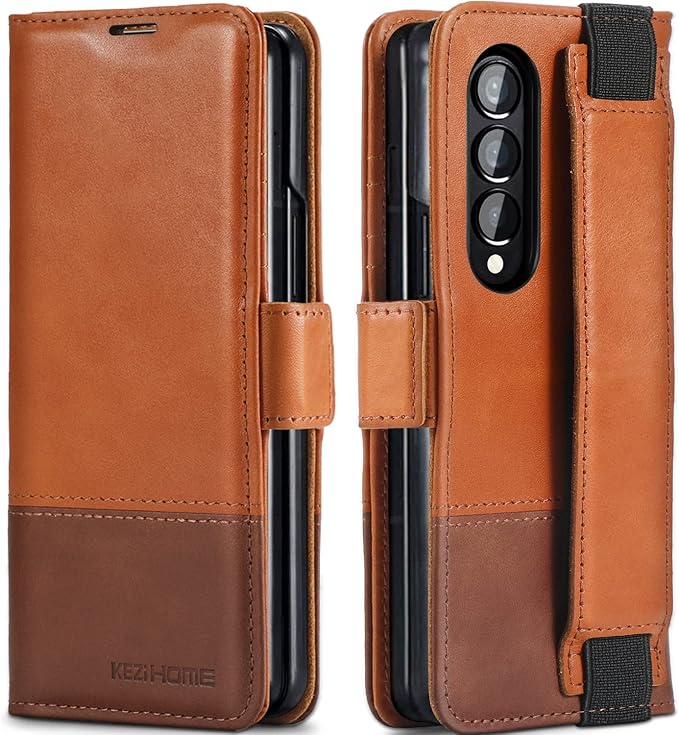 KEZiHOME Genuine Leather Wallet Case for Galaxy Z Fold 4 5G with Card Holder & Kickstand - RFID Blocking - Khaki/Brown