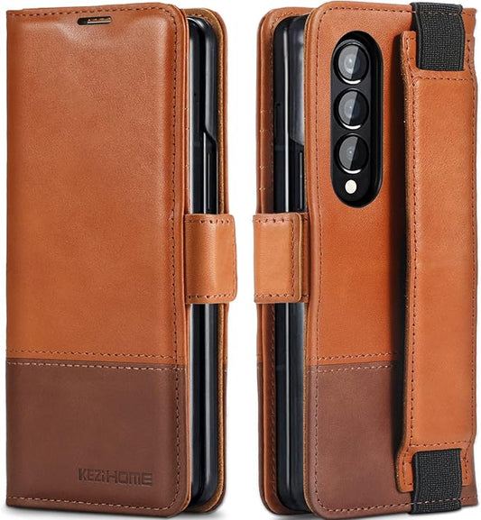 KEZiHOME Genuine Leather Wallet Case for Galaxy Z Fold 4 5G with Card Holder & Kickstand - RFID Blocking - Khaki/Brown