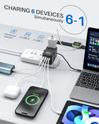 DOACE Universal Travel Adapter, 100W GaN 3.0 European Travel Plug Adapter with Built-in USB-C Cable, 6 in 1 International Power Adapter with 5 USB Ports for EU/UK/USA/AUS(Black)