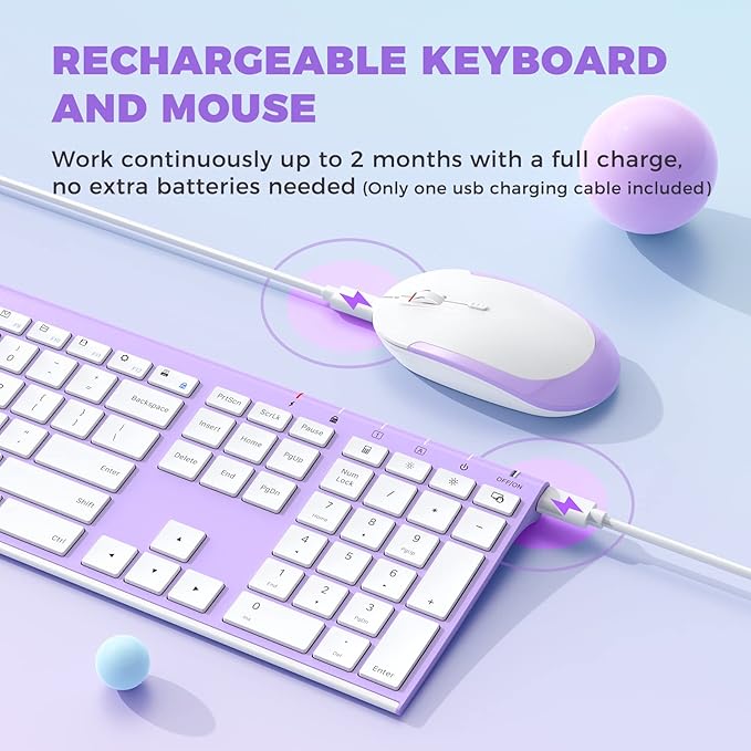 Wireless Keyboard and Mouse, Vssoplor 2.4GHz Rechargeable Compact Quiet Full-Size Keyboard and Mouse Combo with Nano USB Receiver for Windows, Laptop, PC, Notebook-Lavender Purple
