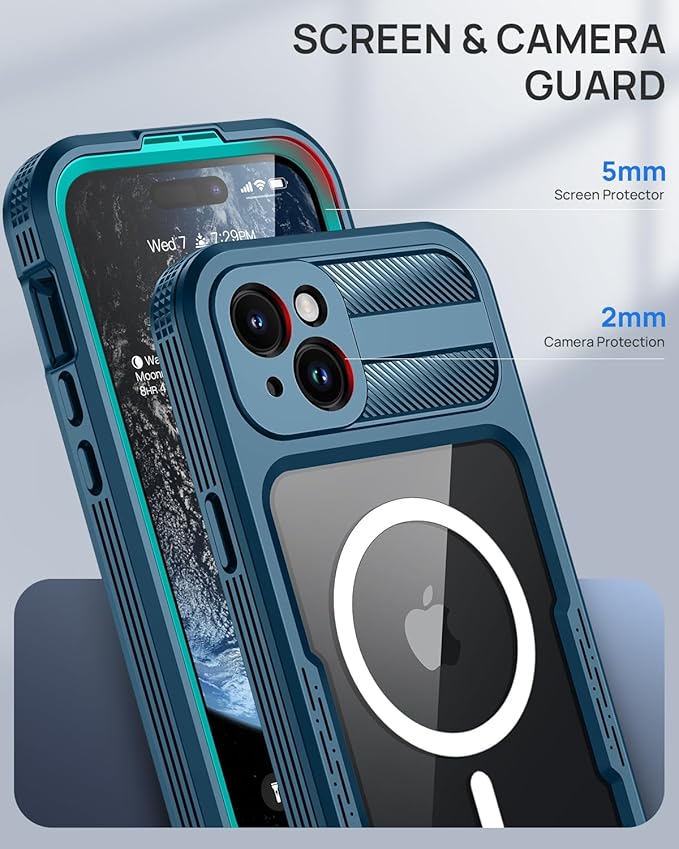 Lanhiem Magnetic for iPhone 15 Pro Case, IP68 Waterproof Dustproof Case, [Compatible with Magsafe] [Built-in Screen Protector] Full Body Heavy Duty Rugged Phone Cover 6.1 inch, Blue/Clear
