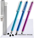 The Friendly Swede Stylus Pen for Touchscreen — 3-Pack 5.5" High Precision Stylus Pen with Replaceable Thin Tips, Elastic Lanyards & Screen Cleaning Cloth - Aqua Blue/Dark Blue/Purple