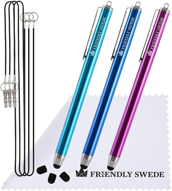 The Friendly Swede Stylus Pen for Touchscreen — 3-Pack 5.5" High Precision Stylus Pen with Replaceable Thin Tips, Elastic Lanyards & Screen Cleaning Cloth - Aqua Blue/Dark Blue/Purple