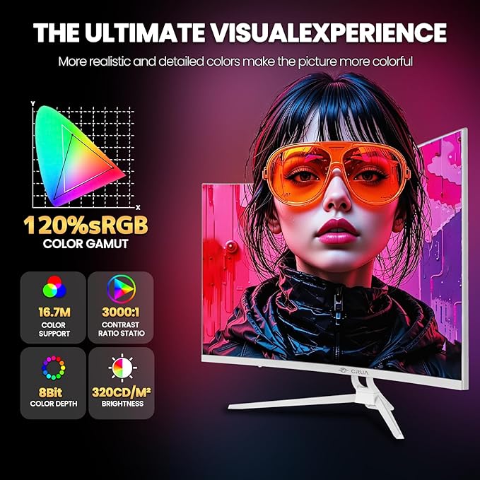 CRUA 32" Curved Gaming Monitor, 144Hz/160Hz 4K UHD(3840 * 2160P) 1500R VA Screen, Supports AMD Freesync, 120% sRGB, Built-in Speakers, RGB Lighting, Wall Mountable Installs(HDMI 2.1/DP 1.4)-White