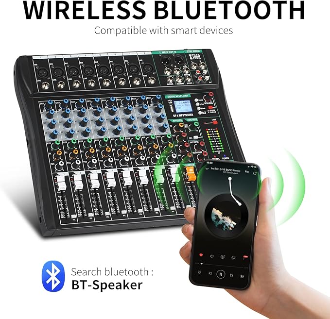XTUGA 8 Channel Audio Mixer Sound Board Mixing Console, Audio Interface PC USB Bluetooth with 48V Phantom Digital Effect for DJ Live Recording Studio Karaoke(CT80)