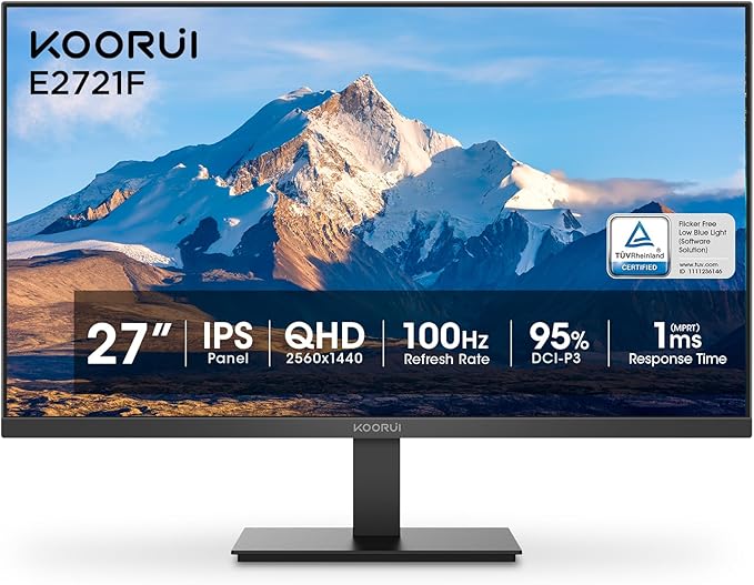 KOORUI 27 Inch QHD (2560x1440) IPS Ultra-Thin Computer Gaming Monitor, 100Hz Refresh Rate, DCI-P3 95%, FreeSync & G-Sync, 1ms MPRT, VESA 100x100mm, Tilt Adjustable for Game and Work