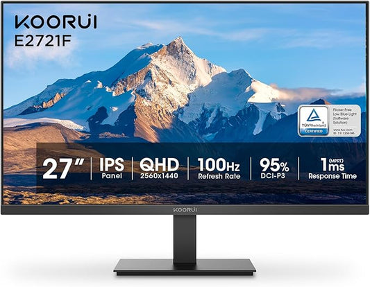 KOORUI 27 Inch QHD (2560x1440) IPS Ultra-Thin Computer Gaming Monitor, 100Hz Refresh Rate, DCI-P3 95%, FreeSync & G-Sync, 1ms MPRT, VESA 100x100mm, Tilt Adjustable for Game and Work