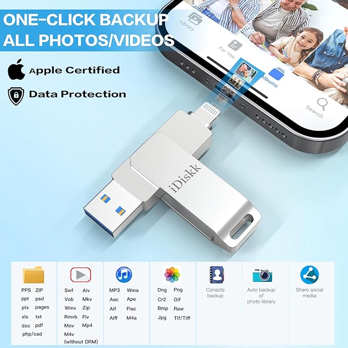 App-le Mfi Certified 128GB iDiskk iPhone Flash Drive,for Photos and Videos,Photo Stick, iPad Flashdrive,iPhone USB Storage, iPad iPhone Photo Storage Stick,for Mac,iPad,PC Thumb Drive Auto Backup