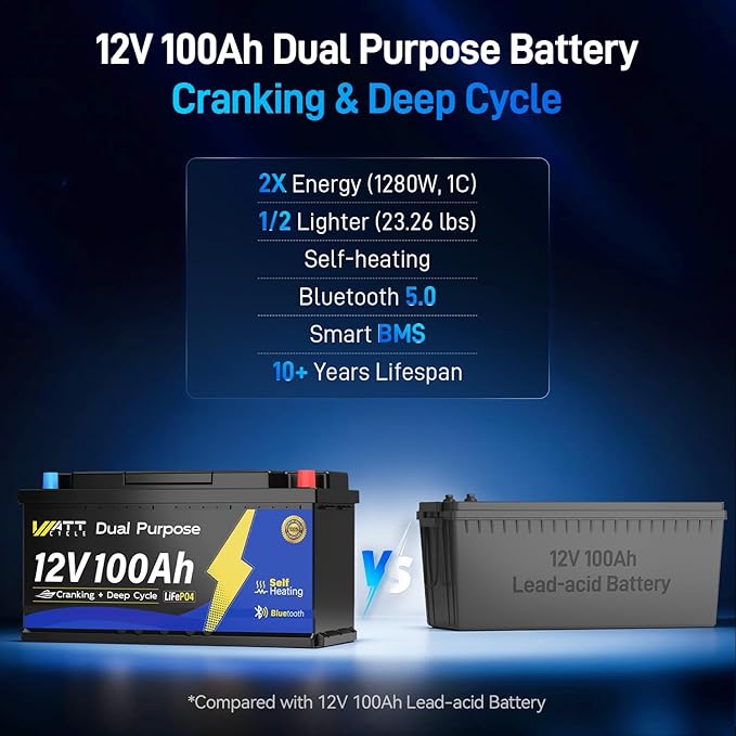 12V 100Ah Bluetooth LiFePO4 Battery, [Cranking &Deep Cycle] Lithium Battery with Self-Heating, Built-in 200A BMS, Perfect for Trolling Motor, RV, Marine, Boat(2 Pack)