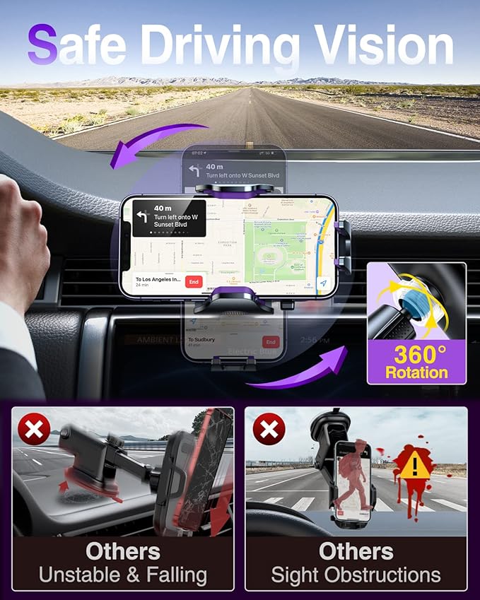 VANMASS Car Phone Holder Mount 2025 Upgraded [Patent Steel-Hook] Car Vent Phone Mount Clip Military-Grade Shockproof Cell Phone Car Mount Handsfree Truck Stand Vent Cradle for iPhone 16 Android,Purple