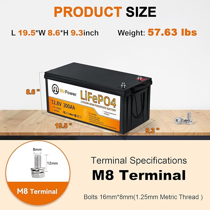 12V 300Ah Lithium Battery LiFePO4 Deep Cycle Battery,200A BMS,Up to 15000 Cycles,Perfect for RV, Home Storage,Marine,Solar Power System and Outdoor Camping.