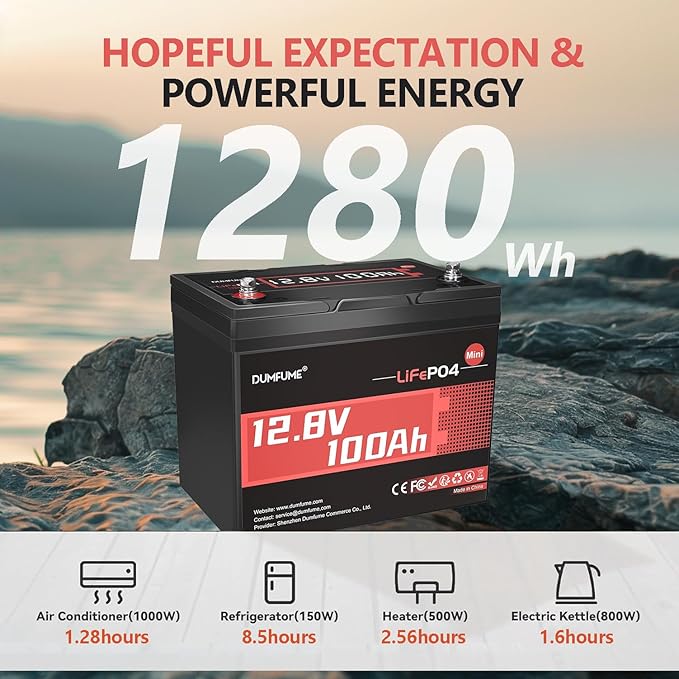 12V 100Ah Mini LiFePO4 Lithium Battery, Built-in 100A BMS,1280Wh Deep Cycle Rechargeable Battery 6000+ Cycles 10-Year Lifespan for RV, Solar, Marine and Home Energy Storage
