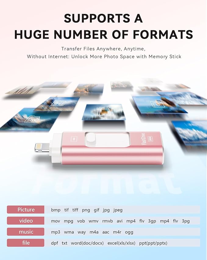 Apple MFi Certified 256GB Flash Drive for iPhone Thumb Drive Photo Stick, USB Memory Stick iPhone Flash Drive for Photos Videos, High Speed Jump Drive Compatible for iPhone/iPad/Android/PC (Pink)