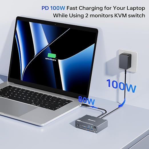 KVM Switch 2 Monitors for 1 Laptop and 1 Desktop 4K@60Hz, USB C HDMI Dual Monitor KVM Switch,Docking Station KVM Switches with 4 USB 3.0 Port, 80W PD Charging, Wired Remote and USB-C Cable Included