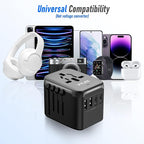 Universal Travel Adapter, VYLEE 5 in 1 International Power Adapter, 3.5A 2xUSB-A and 2xUSB C Wall Charger, Worldwide Travel Essentials Plug for Europe USA UK AUS Asia (Black Grey)