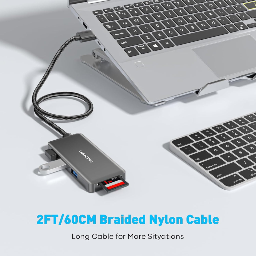 USB Hub for Laptop | 3-Port USBA 3.0 Splitter with SD/TF Card Reader (Charging Not Supported), 2FT Braided Nylon Cable, Multi-Port USB Dock Extender for PC, MacBook, Mac mini, Surface, Desktop
