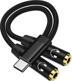 Headphone Splitter for 2 Headphones, USB C to Dual 3.5mm Female Aux Splitters for iPhone 17 17 Pro 16e, Google Pixel 10, Samsung Galaxy S25 Ultra, Audio Jack Adapter Earphone Connector - Black