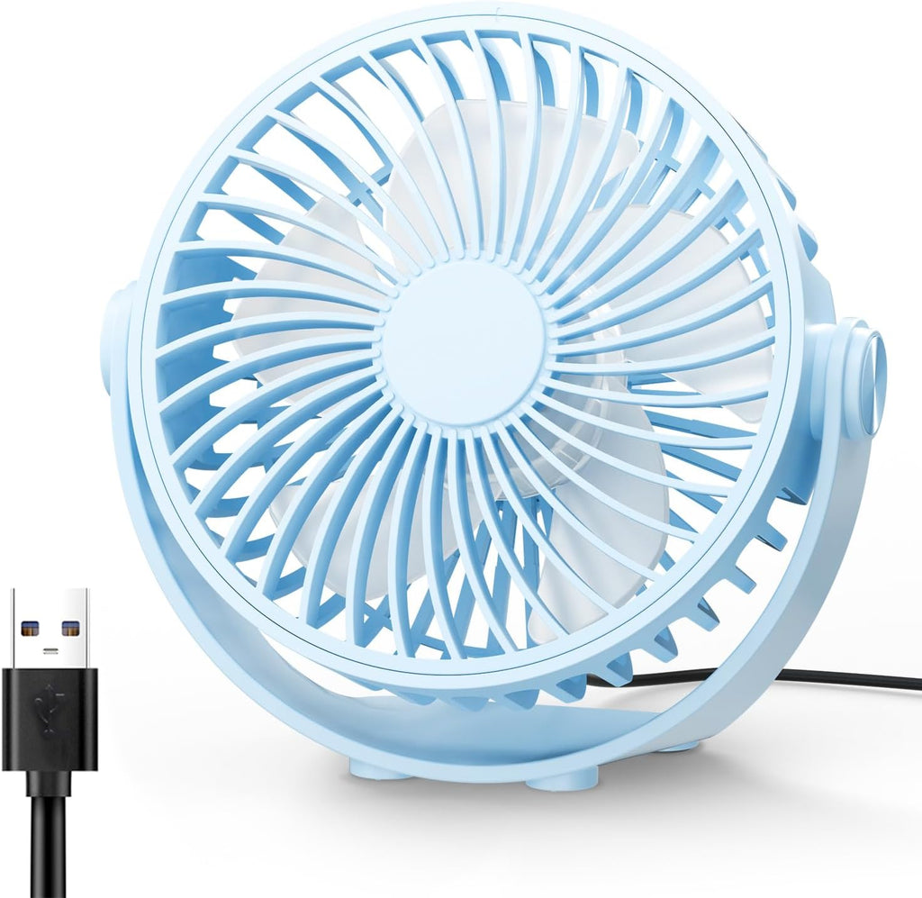 USB Desk Fan, 5 Inch Mini Portable, 3 Speeds Strong Airflow Personal Desktop, Detachable Cooling Fan 360° Rotation Quiet Small Fan for Desk Home Office Travel Car, Blue, 5ft Cable