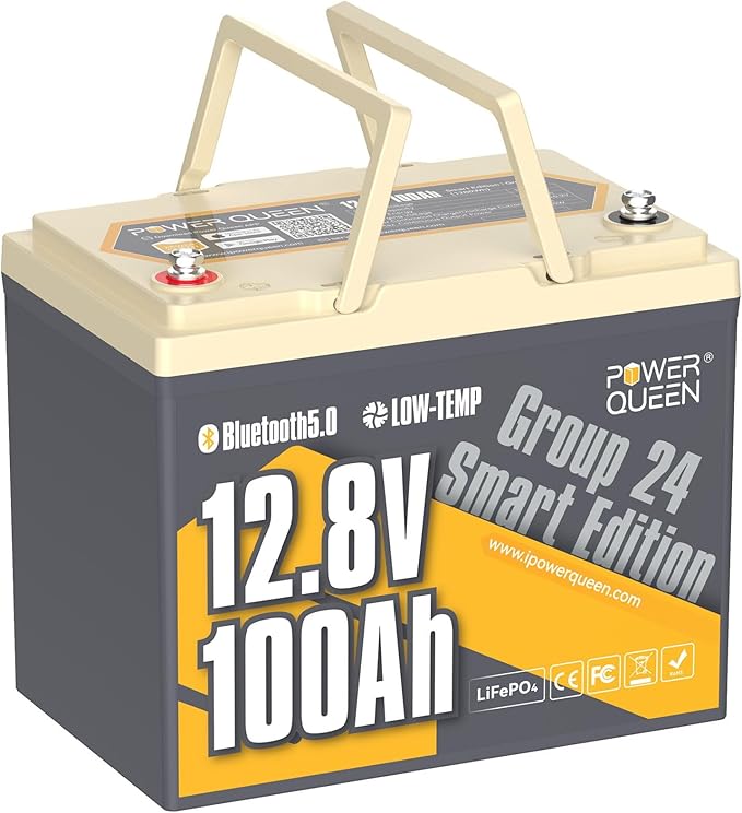 Power Queen 12V 100Ah LiFePO4 Battery Bluetooth Lithium Battery, Low-temp Cut-off Deep Cycle Battery with 100A BMS, 1280Wh Energy, Up to 15000 Cycles for Trailer RV, Motor Home, Marine