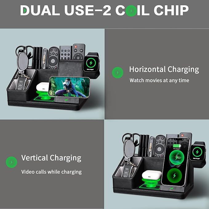 Black Leather Desk Organizer With Charging Station,Office Supplies Desk Accessories,Pen Holder for Desk,Remote Control Holder,Desk Organizer With Phone Charger,Nightstand Desktop Organizer