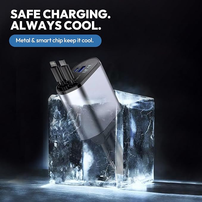 120W Retractable Car Charger 4-in-1 USB-C & Lightning Cable – Fast Charging Adapter for iPhone 16/15/14, Samsung, Android | USB Type-C Port + LED Voltage Display | Multi-Device Car Charger