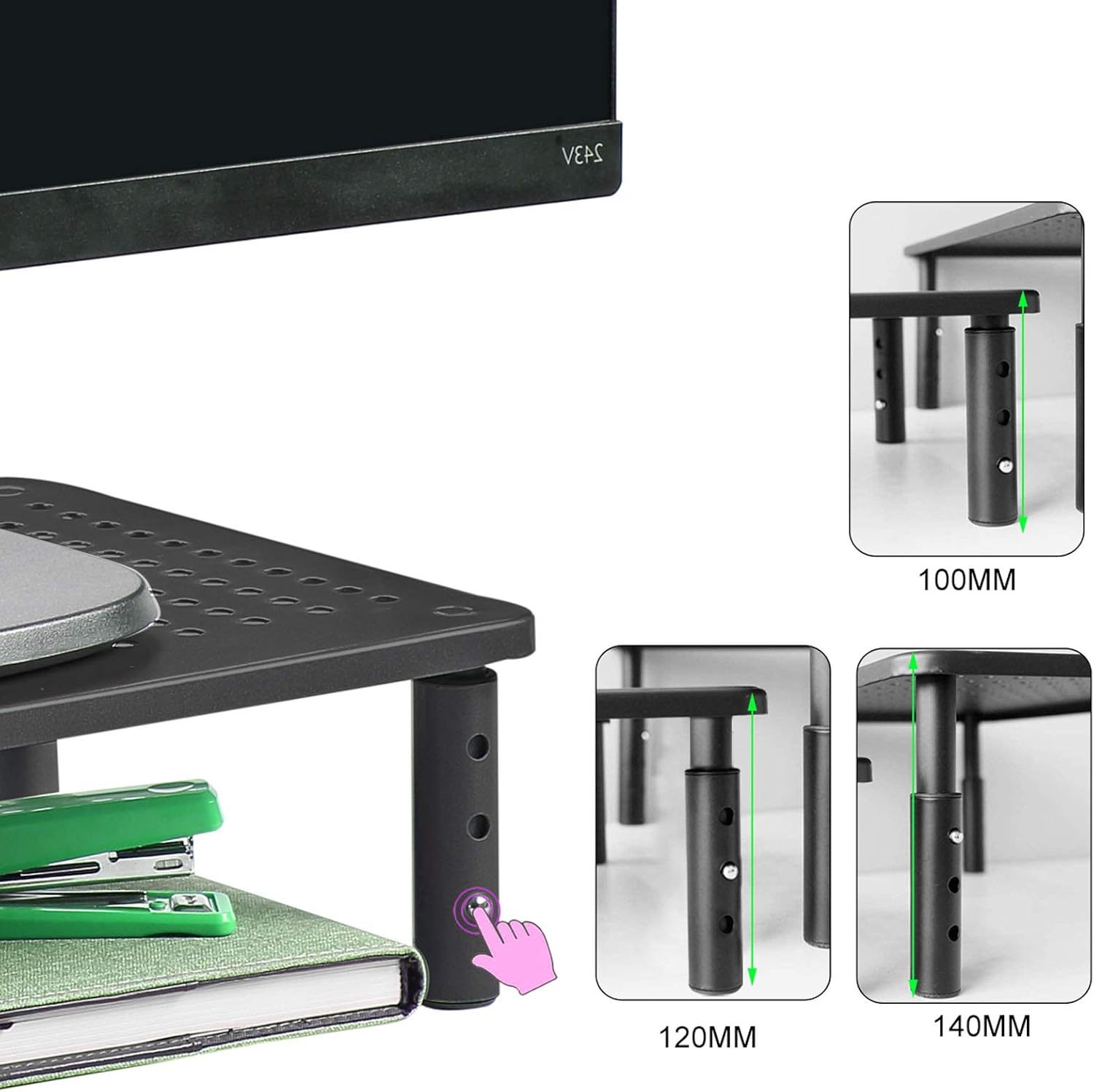 Bracwiser Monitor Stand Riser,3 Level Height Adjustable Desktop monitor stand for Computer, Laptop, Printer, Notebook with Vented Metal Platform 370X235MM 2 Packs,Black