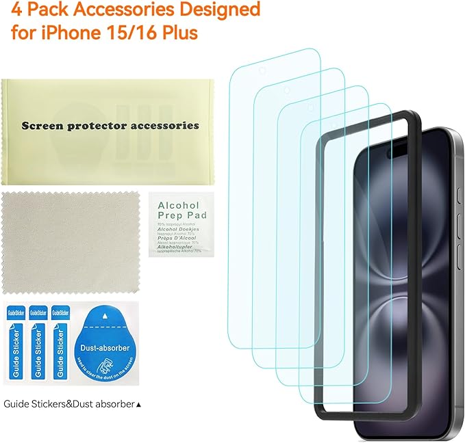 4 Pack Anti Blue Light Screen Protector for iPhone 16 plus /15 plus [6.7inch] with Installation Frame,9H+ Anti Blue Light Tempered Glass, Anti-Scratch, Case Friendly