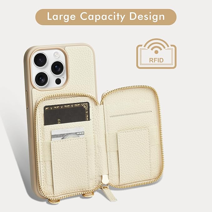 LAMEEKU for iPhone 15 Pro Wallet Case with Credit Card Holder, Zipper Leather Crossbody Case with Phone Grip Holder Stand Wrist Strap Lanyard for Women for Apple iPhone 15 Pro 6.1 inch Beige