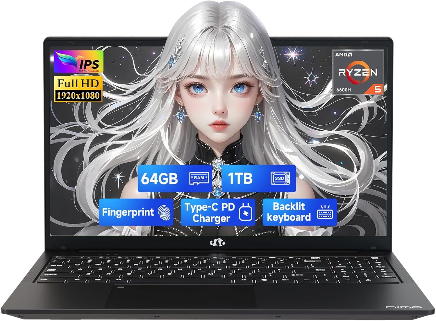 NIMO 15.6" IPS FHD-Gaming-Laptop, AMD Ryzen 5 6600H 6 Cores 64GB DDR5 RAM 1TB SSD (Beat i7-1165G7, Up to 4.5GHz) Radeon 660M GPU-Computer with Backlit Keyboard 100W Type-C Fingerprint Win 11