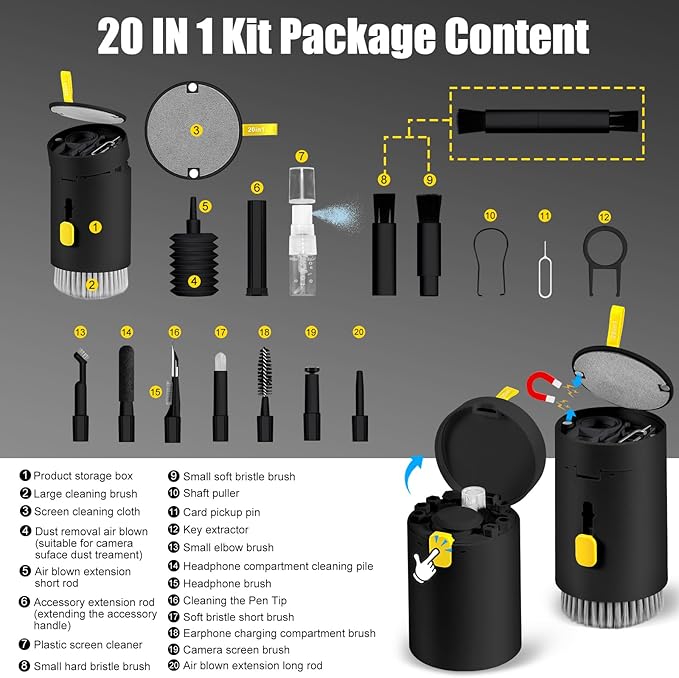 walrfid 2pcs Computer Keyboard Cleaner Kit, Laptop Screen Cleaning Spray for iPhone AirPod Phone MacBook iPad, 20-in-1 Electronic Clean Brush Tool for Earbud iPod Monitor TV Earphone Camera, Black