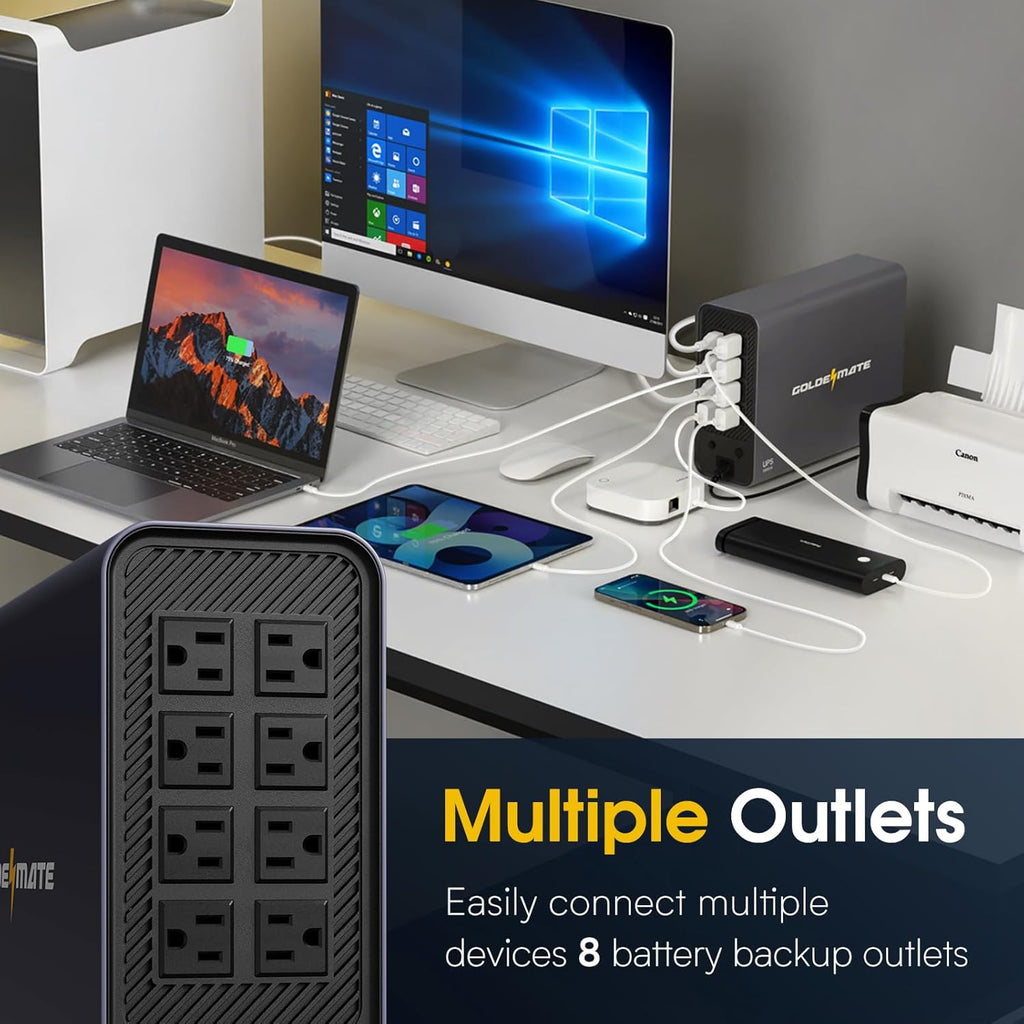 GOLDENMATE 1000VA/800W Lithium UPS Battery Backup and Surge Protector, Sinewave UPS System with LiFePO4 Battery(230.4 Wh), 2025 Upgraded Pro Ver. with Communication Port, 8 Outlets, LCD Display, Gray