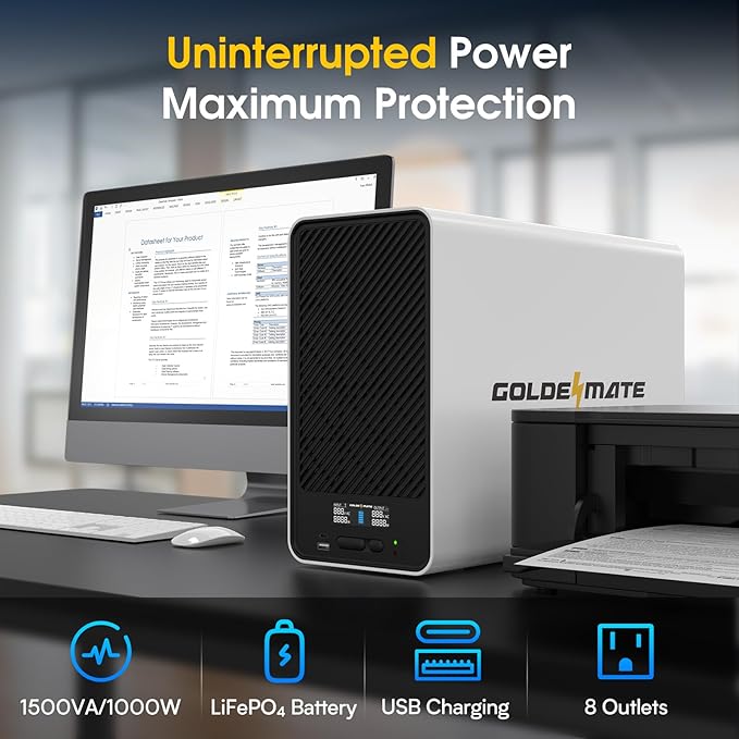 1500VA/1000W Lithium UPS Battery Backup and Surge Protector, Backup Battery Power Supply with LiFePO4 Batteries(296Wh), AVR, Line Interactive Sinewave UPS System, 8 Outlets, LCD Display