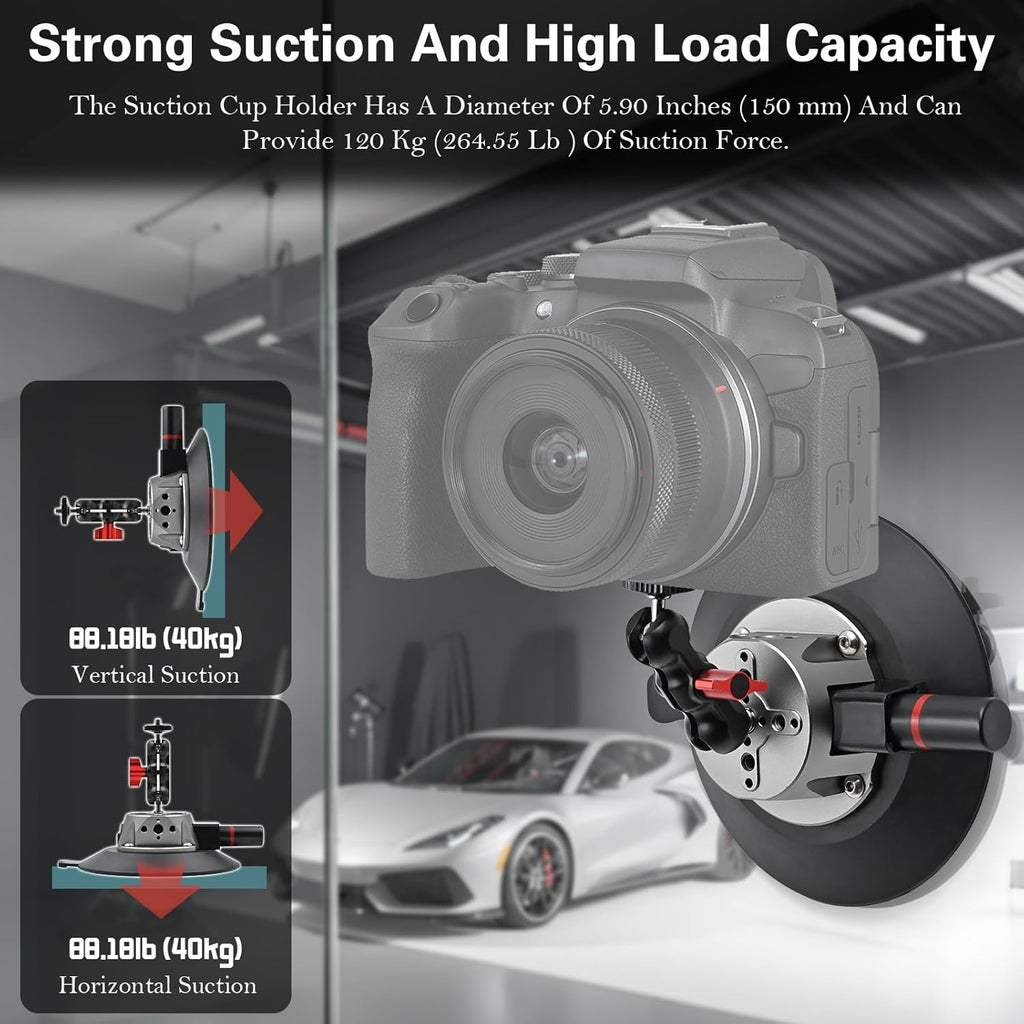 Suction Cup Camera Mount with Ball Head Magic Arm, 5.9"/15cm Air Pump Vacuum Camera Suction Mount on Car Windshield Dash for Action Cameras/Phone Holder, with 1/4" & 3/8" Mounting ARRI Holes
