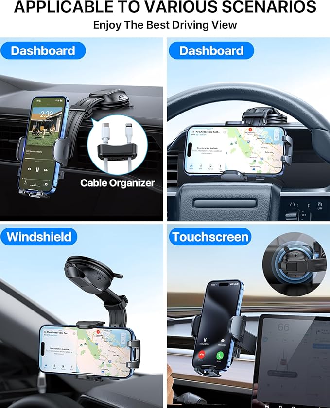 YRU [2025 Ultimate Car Phone Holder Mount [Bendable & Adjustable Aluminum Arm] Cell Phone Holder for Car Dashboard Windshield Phone Stand for iPhone16 15 14 13 Pro Max Samsung Pickup Truck,Dark Silver