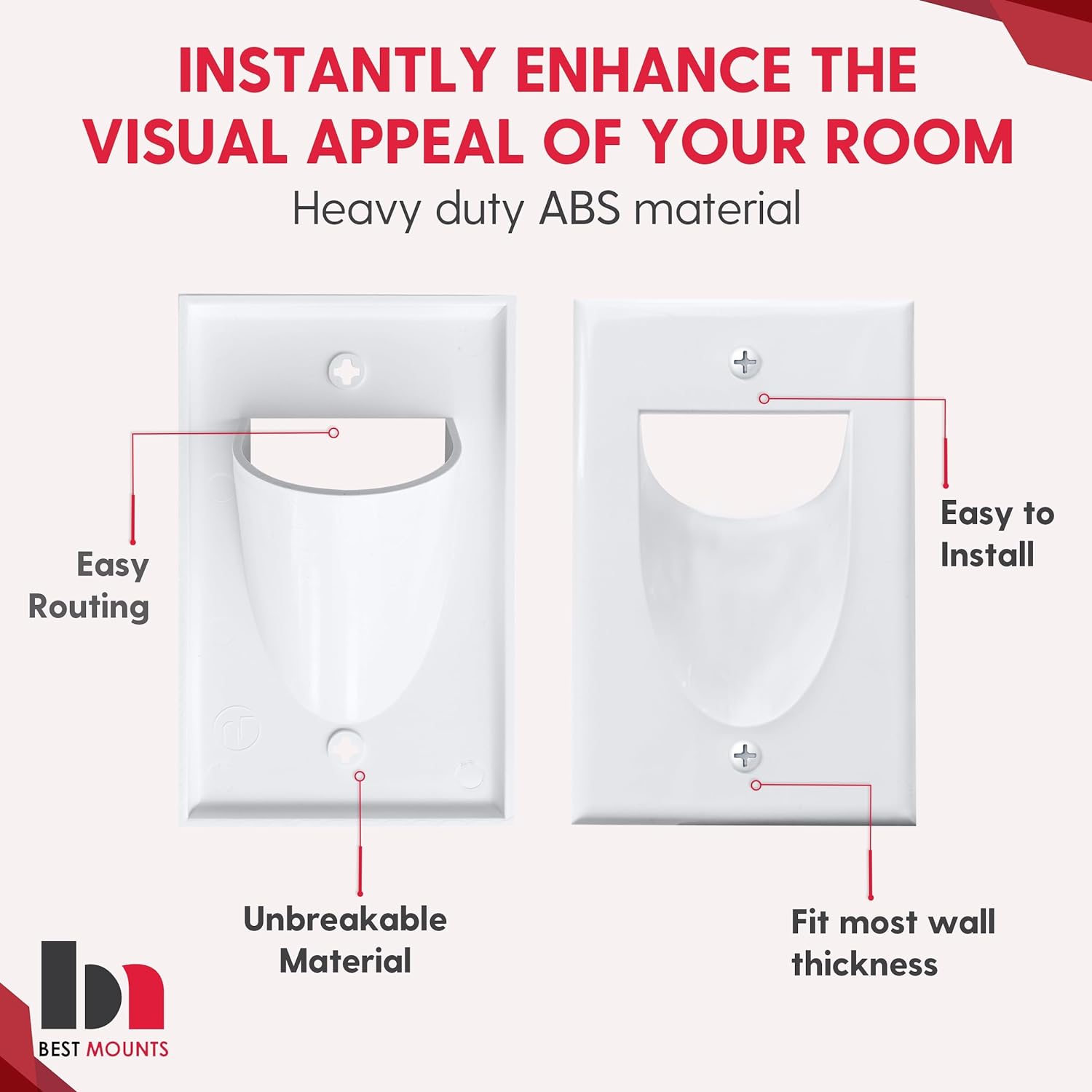 BestMounts - 1 Pack In Wall Cable Management Kit - Recessed Wall Plate Cable Pass Through Pair with Single Gang Low Voltage Mounting Bracket - TV Cord Hider for Wall Mounted TV ETL Listed