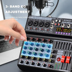BOMGE 06A Professional 6 Channel DJ Audio Mixer, DJ Controller Sound Mixer with 99 DSP Effects,7-band EQ Independent 48V Bluetooth USB Interface Recording for Studio Stage Party Home Recording