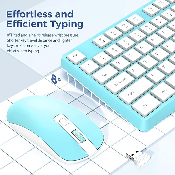 Wireless Keyboard and Mouse Combo, Lovaky 2.4G Full-Sized Ergonomic Keyboard Mouse, 3 DPI Adjustable Cordless USB Keyboard and Mouse, Quiet Click for Computer/Laptop/Windows/Mac (1 Pack, Blue)