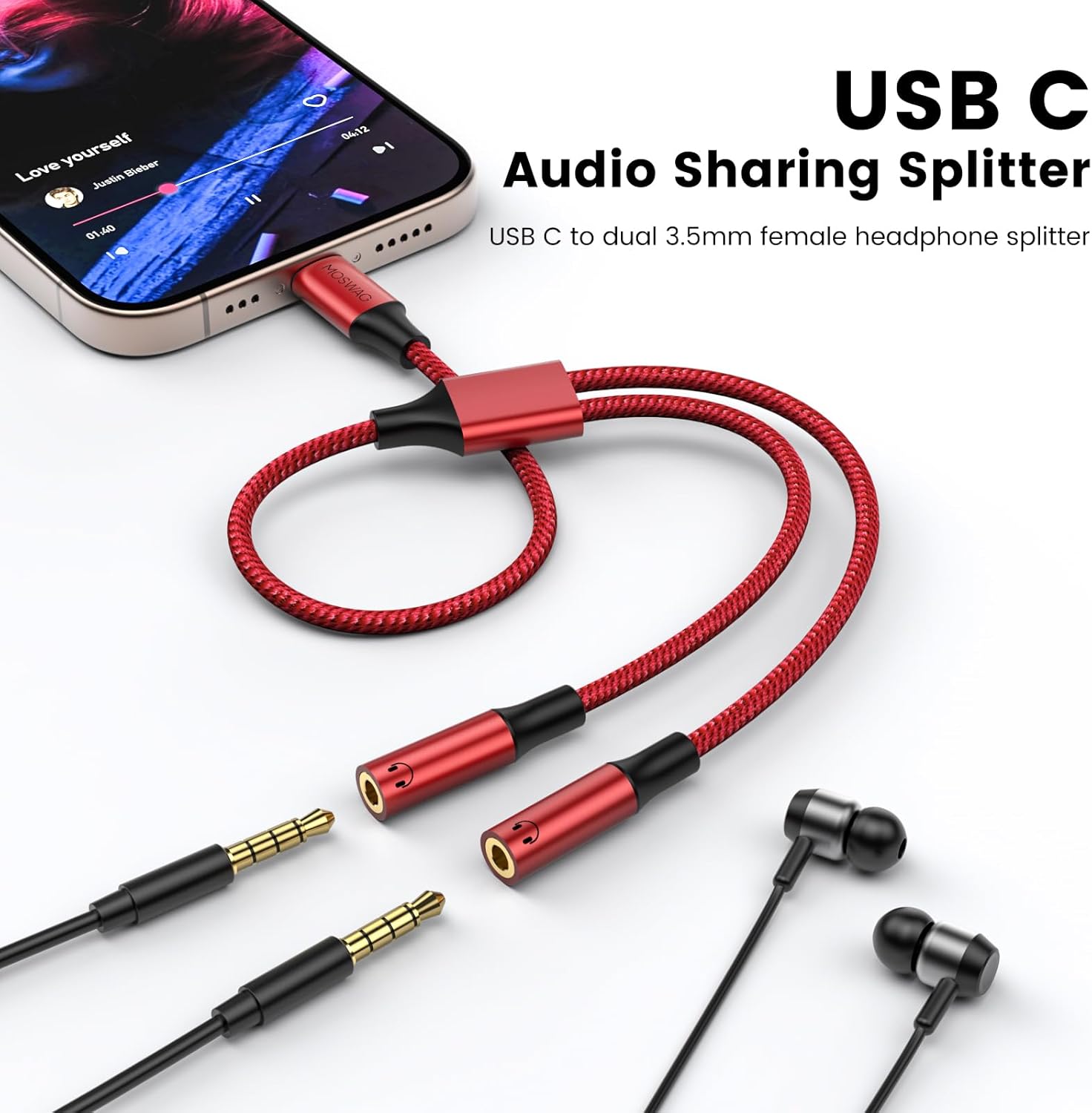 MOSWAG Type C to Dual 3.5mm Aux Headphone Jack Adapter, Hi-Res 2 Way Audio Y Cable Cord Compatible with iPad Samsung S23 S22 Google Pixel 7 6 Pro 5