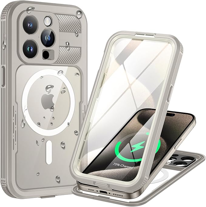 Lanhiem Magnetic for iPhone 15 Pro Case, IP68 Waterproof Dustproof Case, [Compatible with Magsafe] [Built-in Screen Protector] Full Body Heavy Duty Rugged Phone Cover 6.1 inch, Natural