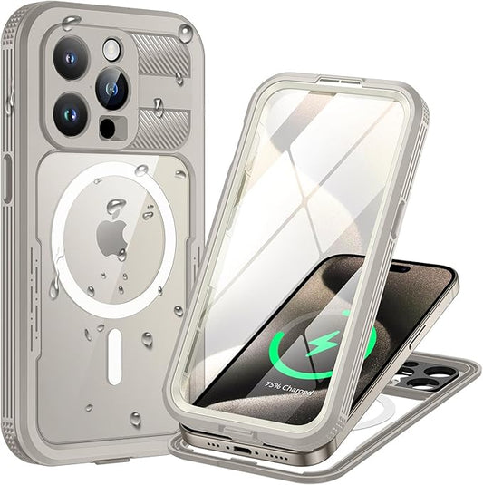 Lanhiem Magnetic for iPhone 15 Pro Case, IP68 Waterproof Dustproof Case, [Compatible with Magsafe] [Built-in Screen Protector] Full Body Heavy Duty Rugged Phone Cover 6.1 inch, Natural