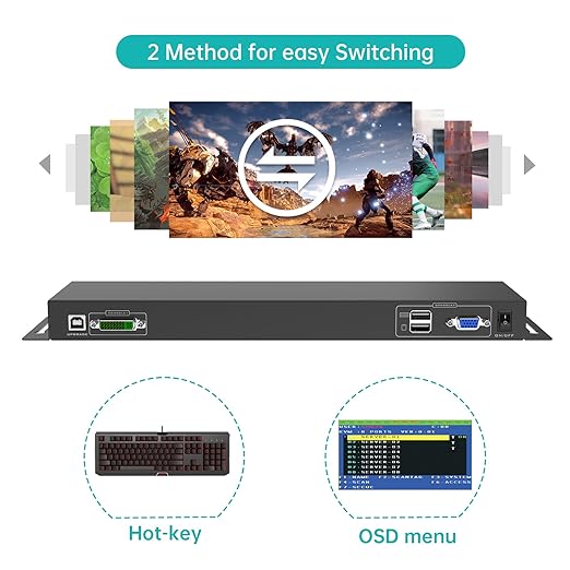 MT-VIKI 8 Port KVM Switch VGA +8 KVM Cables, Daisy Chain Component for VGA LCD KVM Console, Cascading up to 64 Devices, Support Keyboard hotkey & OSD Switching