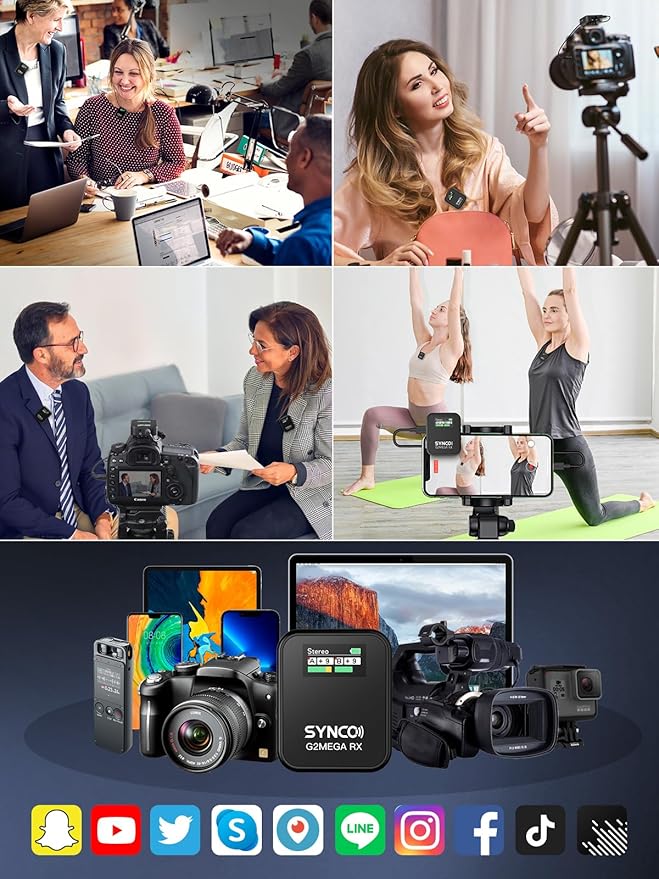 SYNCO Wireless Microphone System with Charging Case, G2A2 MEGA Dual Transmitter 8GB Storage of 24H 656ft Video Recording Streaming for Camera/Phone/PC/Laptop, Wireless-Lav-Mic-for-Camera