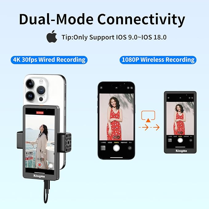 King Ma 5" Phone Vlog Selfie Monitor Screen,Back Camera Monitor for iPhone with Magnetic Phone Clip & Bluetooth Remote for Vlog/Live Stream/Teleprompter/TikTok,Support 4K 30fps Wired Recording
