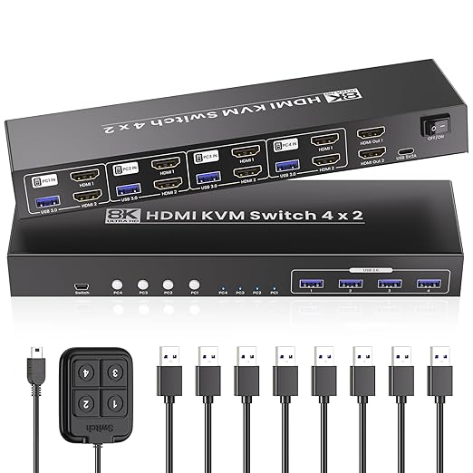 8K@60HZ 4K@120Hz HDMI KVM Switch 2 Monitors 4 Computers with 4 Port USB 3.0 Hub, 4 Port Dual Monitor HDMI KVM Switch for 4 Computers Share 1 Set of Keyboard, Mouse and 2 Monitors