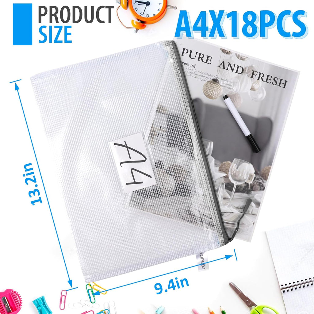 18 Pack A4 Mesh Zipper Pouch Bags, Zipper Pouches of Office Supplies, File Bags for Classroom Organization, Puzzles, Board Game Storage