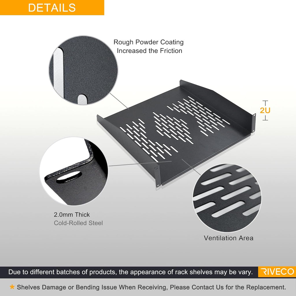 RIVECO 2U Server Rack Shelves for 19" Network Cabinet, Rack Mount Vented Cantilever Trays for Deep IT & Audio Equipment, 18" Depth, 2 PCS Black