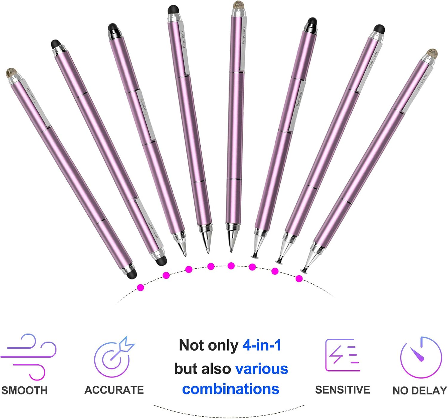 Penyeah 4-in-1 Stylus Pen for Touchscreens, Accurate & Versatile Capacitive Stylus Pen for iPhone,iPad,Android Phones,Tablets- Disc+Rubbe+Mesh Tips Universal for All Touch Screen Devices - Pinky Gold