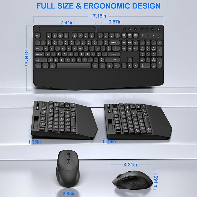 EDJO Wireless Keyboard and Mouse Combo, Full-Size Ergonomic Wireless Computer Keyboard with Wrist Rest, Phone Holder, Sleep Mode, Comfortable Natural Typing Set for Windows, Laptop, Mac, PC