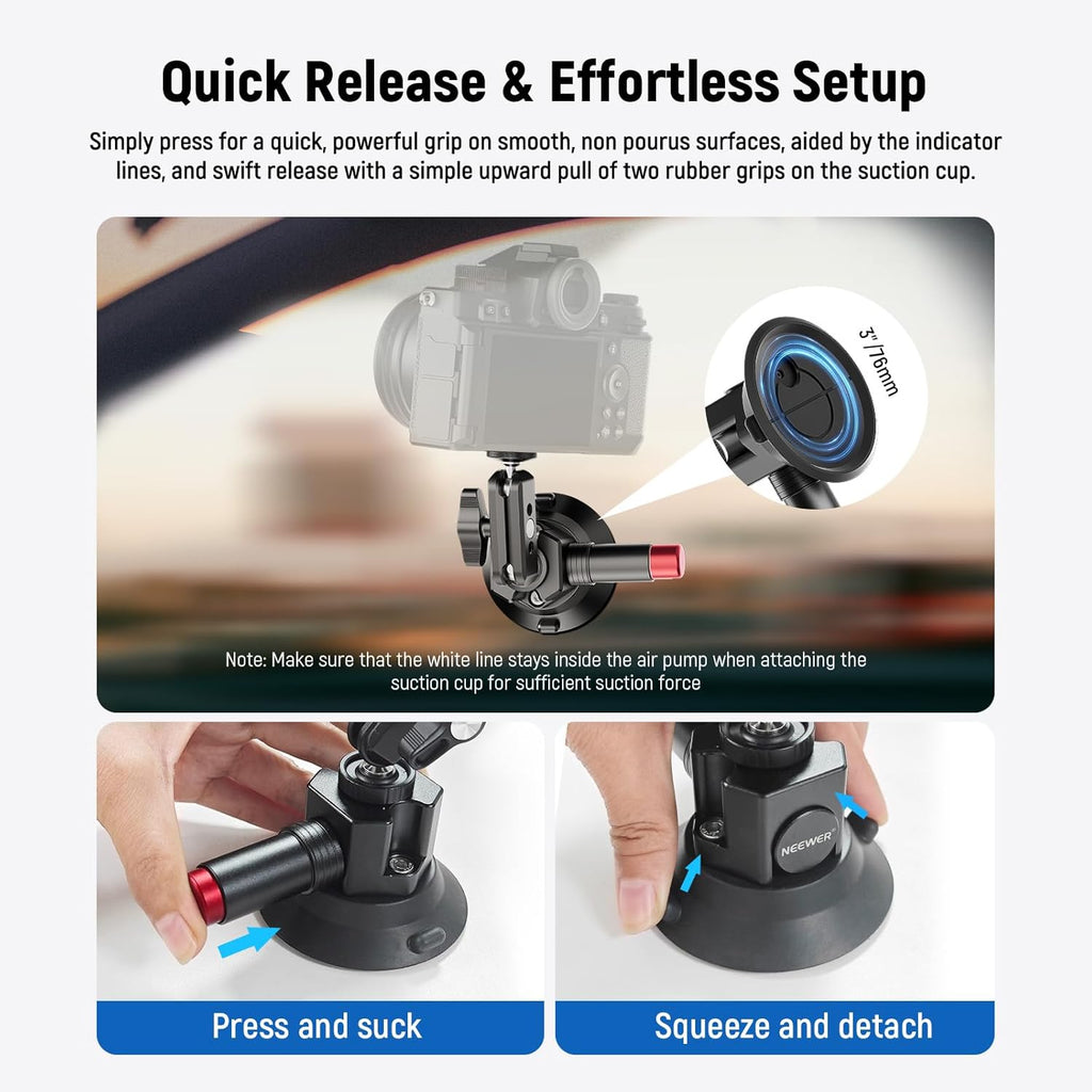 NEEWER 3" Suction Cup Mount with Phone Holder Action Camera Adapter Compatible with iPhone GoPro DJI Insta360, Ball Head Magic Arm Cleaning Cloth Quick Release Car Mount for POV Video Recording, CA104